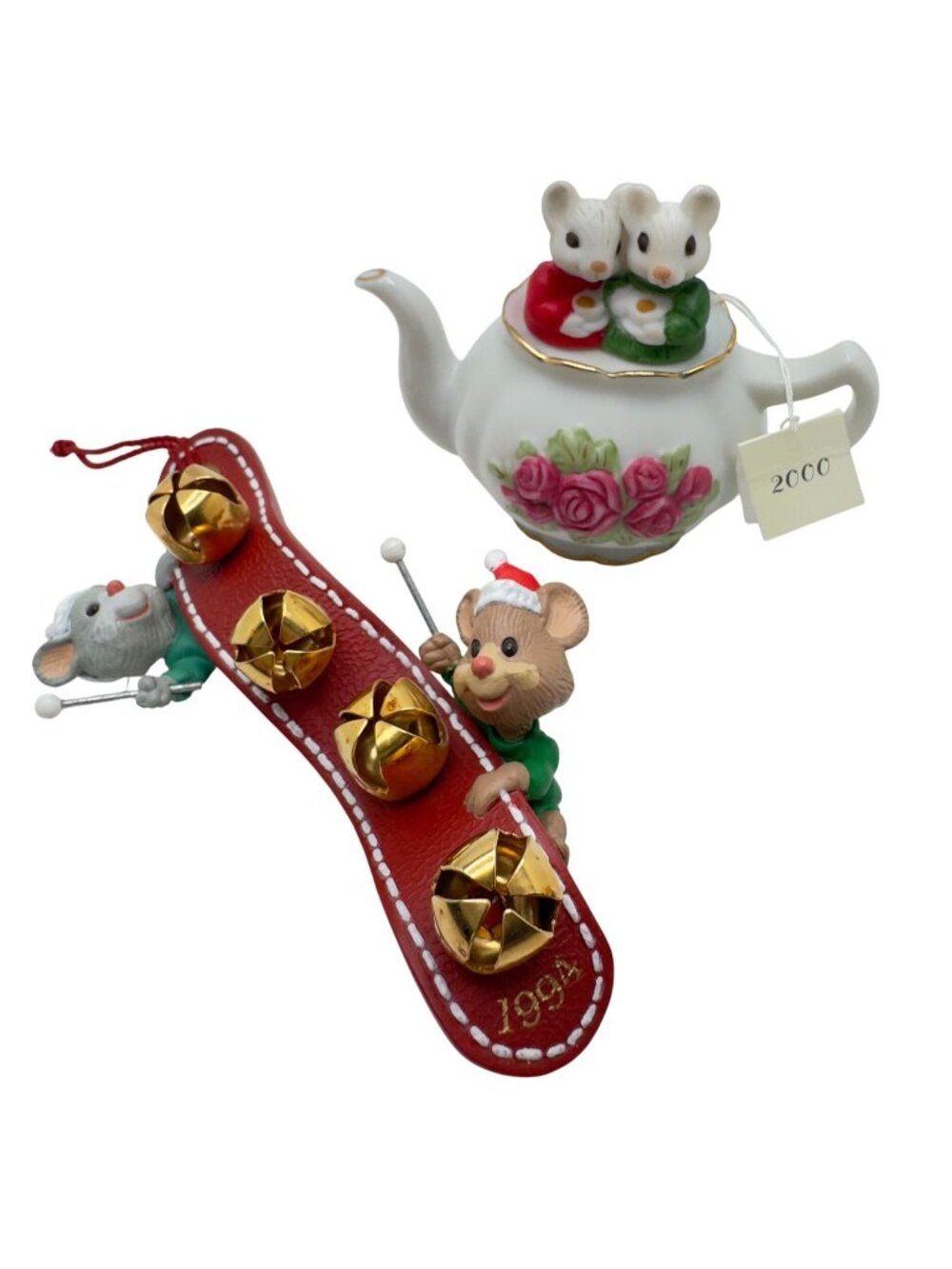 1994 & 2000 Hallmark Keepsake Ornament Jingle Bell Band Mouse Teapot 2 Pc Vtg